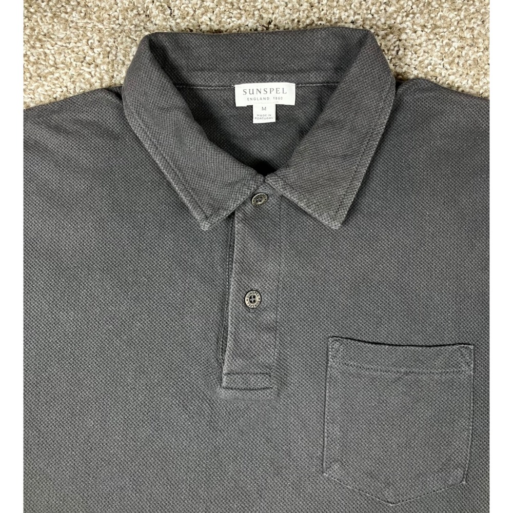 Sunspel Mens Charcoal Gray Cotton Pique Short Sleeve Pocket Polo Shirt Size M